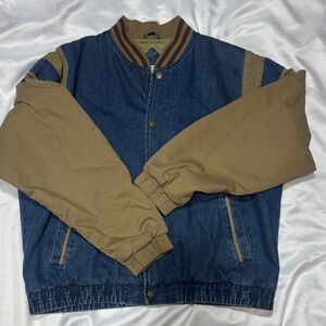 Men's Denim YUKON TRAIL Bomber Jacket with Tan Sleeves